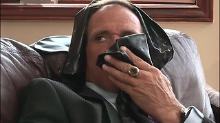 Fetish man enjoys busty blonde in latex