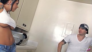 Inked Big Boobs tanned Bombshell Mason Moore seduce her Big Dick Co-Worker to Fuck at Break in kitchen