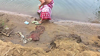 Indian Village Wife Bathing in the River in Outdoor Area
