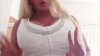 Blonde with big boobs fucked from behind before tit wanking