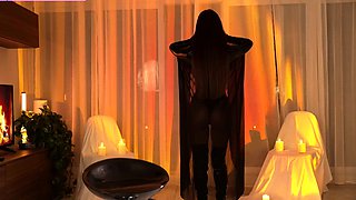 Busty curly brunette with big boobs fucks on couch