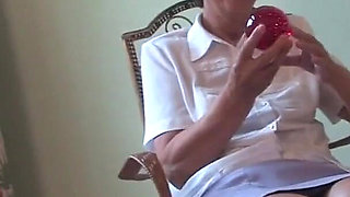 Hairy Granny Felice Gets Her Unshaved Pussy Pounded by a Young Babe with a Strapon