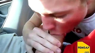 Sucking my buddy's cock in the car, he cums in my mouth - am