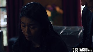 Stepson cheers up sad Asian wife stepmom