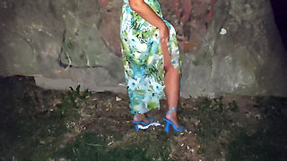 Sexy Stepmom in Heels Seduces Her Stepson in Public Outdoor and Gives Him a Footjob