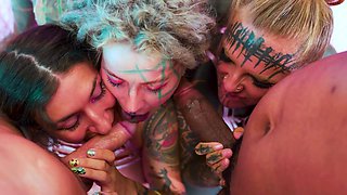 Double dose of cock for a trio of tattooed MILF freaks
