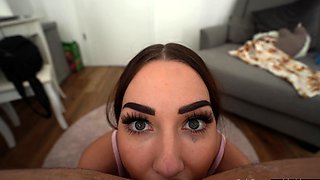 Hot brunette amateur MILF rides hubbys cock