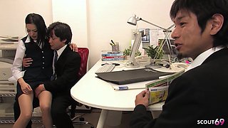 Japanese Secretary Mai Gives Blowjob to Bosses in the Office in Threesome Until She Gets Cumshot Uncensored