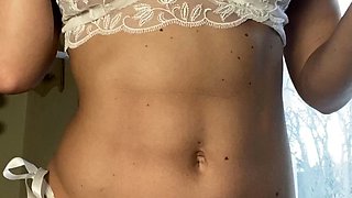 Busty curly brunette with big boobs fucks on couch