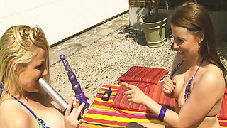 Lesbians in Hot Scene 3: Blonde and Brunette MILFs in Bikinis Enjoy Using Their Dildos Together Until Orgasm