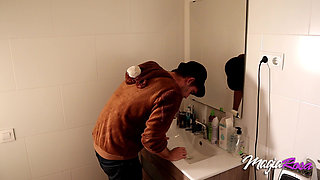 Hot girl comes into the bathroom teasing the guy and blow him
