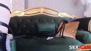 Gorgeous solo on the vintage couch with a big-boobed blonde
