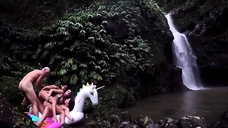 Explosive Outdoor Foursome with Deepthroat Blowjobs and