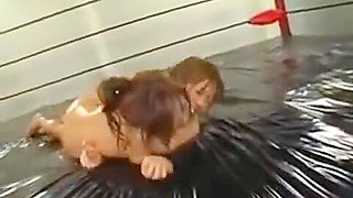 Oiled Asians wrestle loser fucked