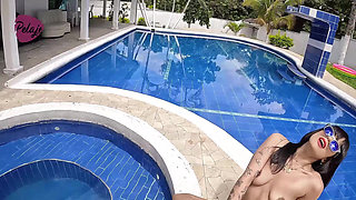 Stepsisters' Tanning Day Ends in Double Masturbation with Big Dildos Next to the Pool