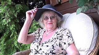 AuntJudys - 66 year old hairy mature GILF Ms. Claire sucks your cock in the garden POV