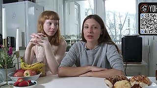 Busty dark haired shares her big breasts with a redhead