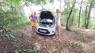 Redhead In Beige Bodysuit Sucks Cock By White Rally Car