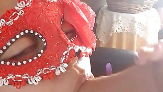 The Latin babe is in 4 and wearing sexy lingerie, masked blowjob, sucking with a lot of drool and her perfect ass