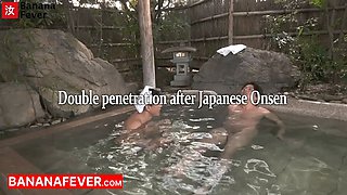 Hot European Brunette Gets Double Creampied by Two Asian Guys in Steamy Japanese Onsen