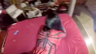 Zentai Cosplay and Pantyhose Encased Masked Babes Suck Huge Cocks (Clips)