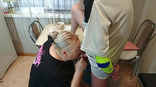 In the Afternoon, I Fuck My Neighbor in the Mouth in the Kitchen and Cum