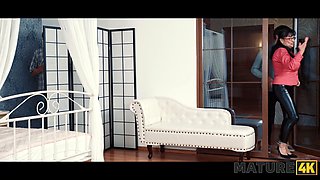 Watch as mature brunette Lilian Black cheats on her husband and secretly watches him take it from behind