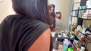 Boyfriend films a hot fuck in the bathroom while she's getting ready