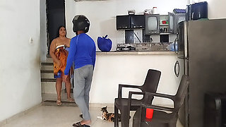 Housewife fucks a delivery man because her husband didn't leave cash to pay for the delivery.