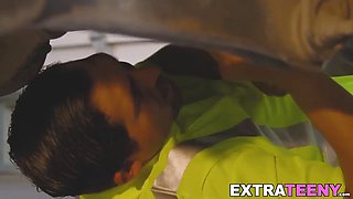 Car mechanic with fat pecker gets to fuck a hot small babe