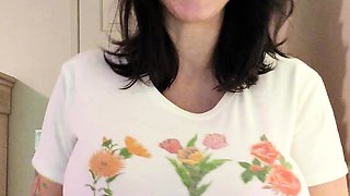 Busty curly brunette with big boobs fucks on couch