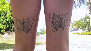 Blonde is flashing her big boobs in the outdoors