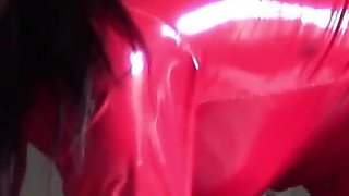 MILF in Red Latex Suit and Patent Leather High Heels Gives a Blowjob with Swallow