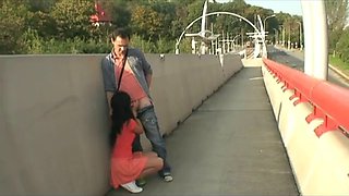 Brunette in public takes good cumshot and pussy fuck