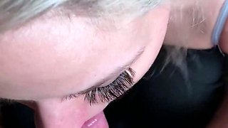 Big tit blonde gives blowjob to big cock