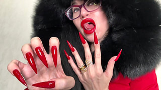 Red Long Nails, Claws and Fur, Red Underwear, Stockings with Suspenders
