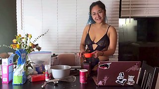 Japanese girl in white lace panties has toy sex