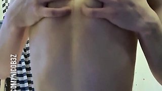Russian brunette busty camgirl masturbating on webcam