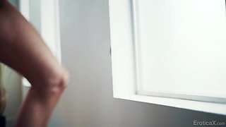 Sensual brunette delivers romantic scenes with her passionate lover on sofa