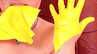 Hot Sweaty Stepmom Is Incredibly Horny! Latex Rubber Gloves Fetish. Blowjob with Dildo, Ahegao Face