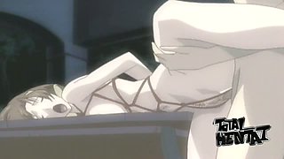 Tied up short haired hentai nympho stands on knees while sucking cock