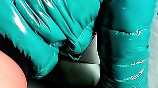 Glossy Fur Hooded Downjacket POV. Deepthroat, Sleeve Play, Riding and Double Cum