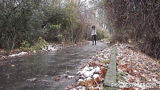 Gorgeous outdoor pissing with a long-legged brunette Joana Intense