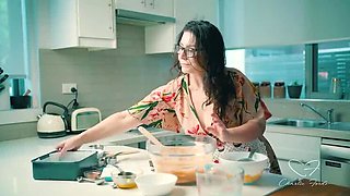 Blonde Charlie Forde and Brunette Chasey Devil Lesbian Cake Baking Sex with Big Natural Tits and Glasses
