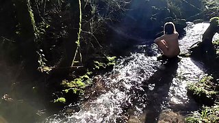 Outdoor anal solo and masturbating blonde