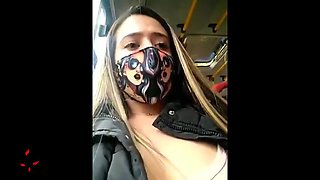 Czech honey is dressed in a mask in the public bus and privately pawing herself in nasty ways.