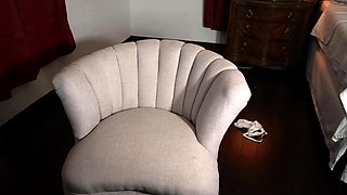 Busty curly brunette with big boobs fucks on couch