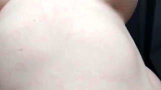 Busty curly brunette with big boobs fucks on couch