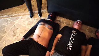 Femdom latex chick loves to walk on slaves body