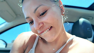 Horny Latina Cant Wait & Gives Him Roadhead Till He Cums